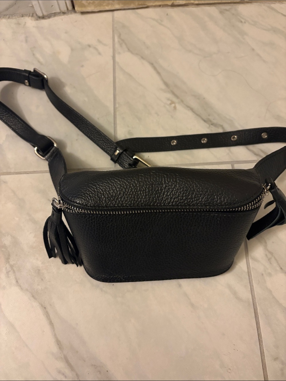 Baldinini Black Pebbled Leather Crossbody Belt Bag with Tassel